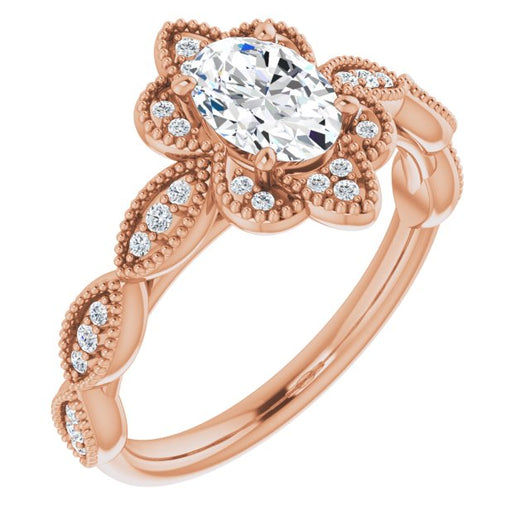 10K Rose Gold Customizable Cathedral-style Oval Cut Design with Floral Segmented Halo & Milgrain+Accents Band