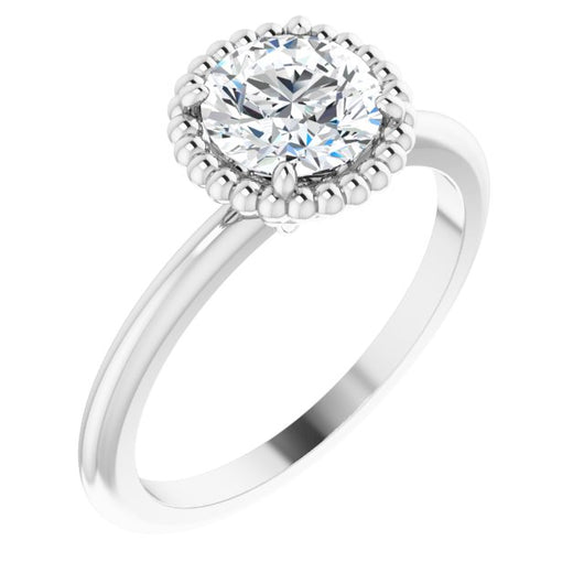 10K White Gold Customizable Round Cut Solitaire with Beaded Metallic Milgrain