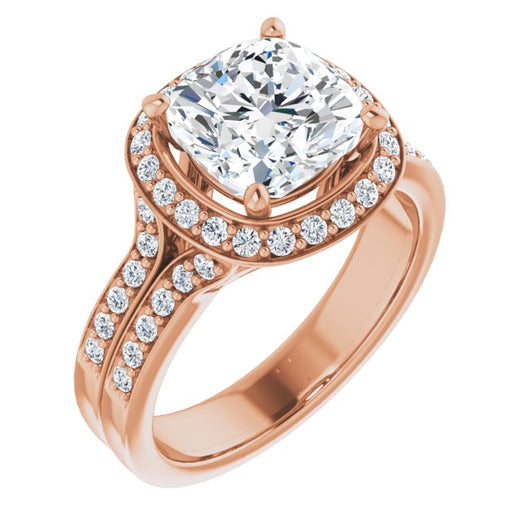 10K Rose Gold Customizable Cushion Cut Halo Style with Accented Split-Band