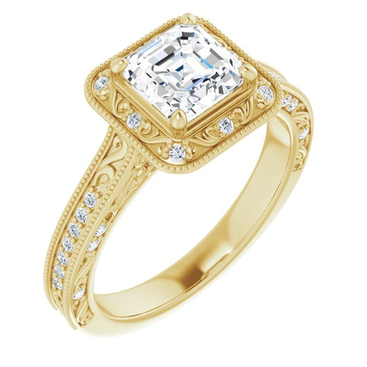 10K Yellow Gold Customizable Vintage Artisan Asscher Cut Design with 3-Sided Filigree and Side Inlay Accent Enhancements