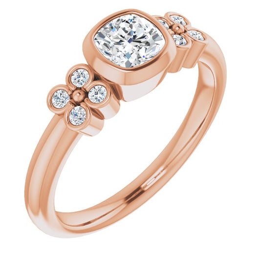 10K Rose Gold Customizable 9-stone Bezel-set Cushion Cut Design with Quad Round Bezel Side Stones Each Side