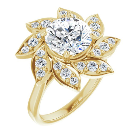 10K Yellow Gold Customizable Round Cut Design with Artisan Floral Halo