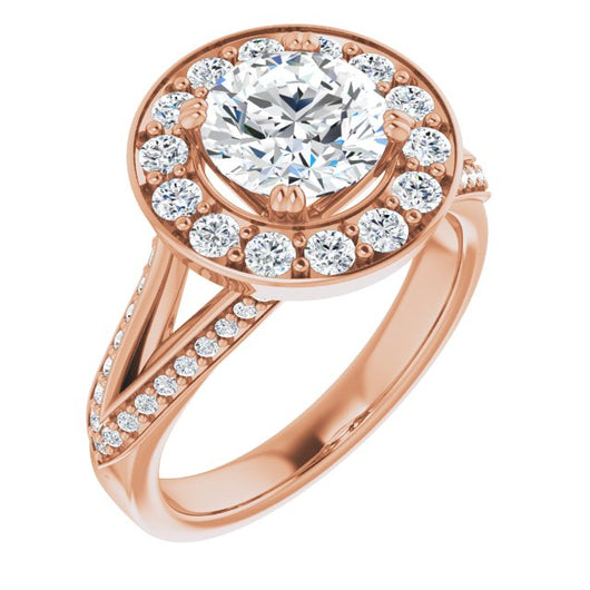 10K Rose Gold Customizable Round Cut Center with Large-Accented Halo and Split Shared Prong Band