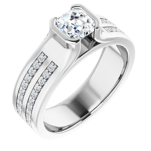 10K White Gold Customizable Bezel-set Asscher Cut Design with Thick Band featuring Double-Row Shared Prong Accents