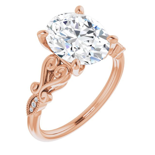 10K Rose Gold Customizable 7-stone Design with Oval Cut Center Plus Sculptural Band and Filigree