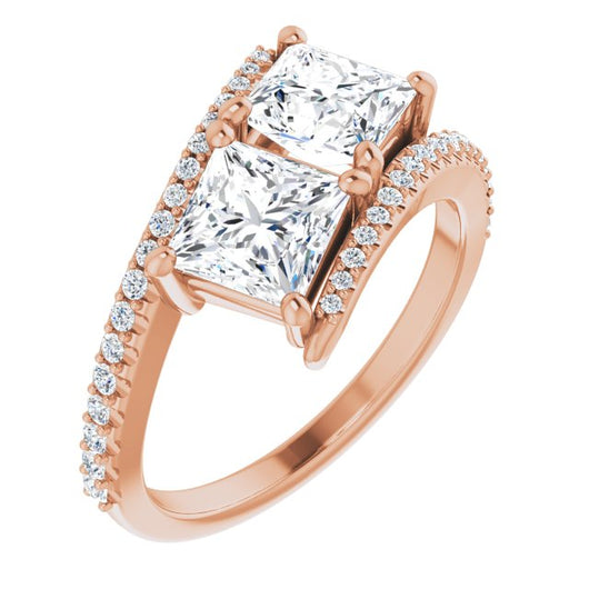 10K Rose Gold Customizable Double Princess/Square Cut 2-stone Design with Ultra-thin Bypass Band and Pavé Enhancement