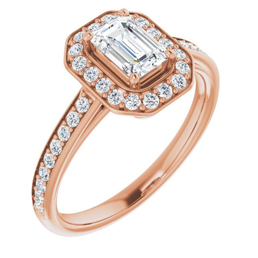 10K Rose Gold Customizable Cathedral-raised Emerald/Radiant Cut Halo-and-Accented Band Design