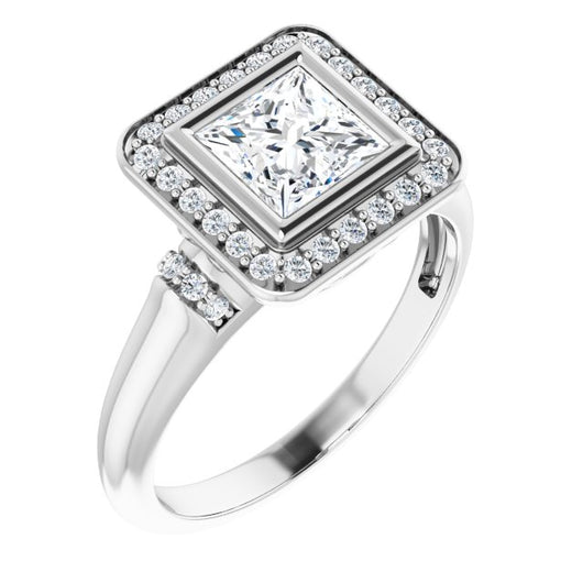 10K White Gold Customizable Bezel-set Princess/Square Cut Design with Halo and Vertical Round Channel Accents