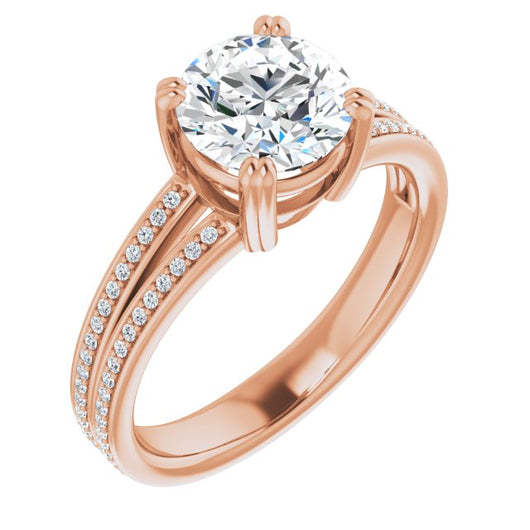 10K Rose Gold Customizable Round Cut Center with 100-stone* "Waterfall" Pavé Split Band