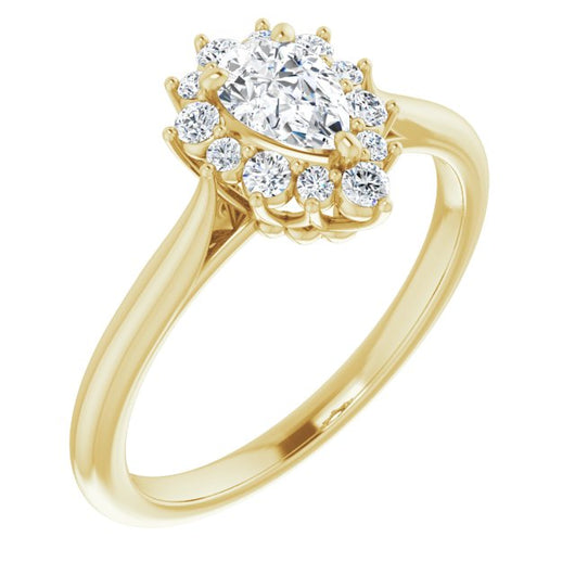 10K Yellow Gold Customizable Crown-Cathedral Pear Cut Design with Clustered Large-Accent Halo & Ultra-thin Band