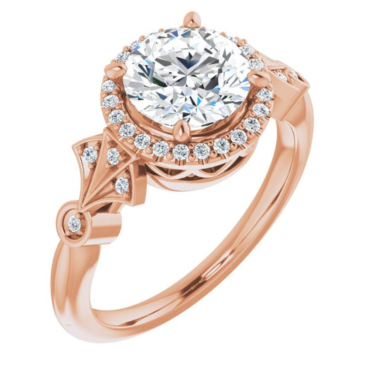 10K Rose Gold Customizable Cathedral-Crown Round Cut Design with Halo and Scalloped Side Stones