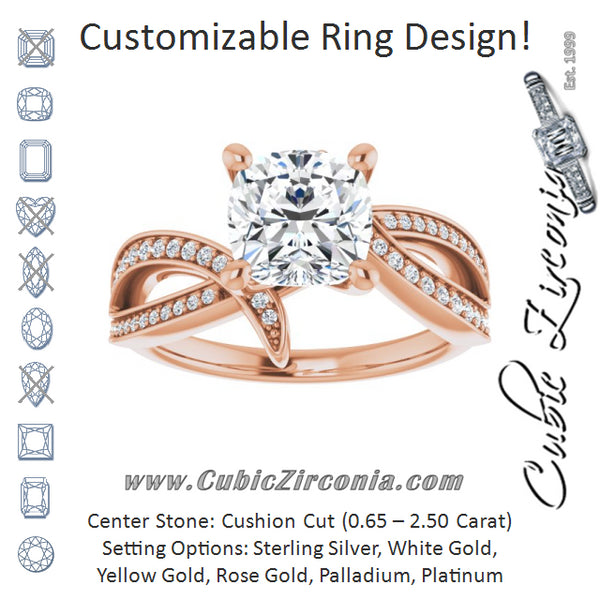 Cubic Zirconia Engagement Ring- The Vada (Customizable Cushion Cut Design with Swooping Shared Prong Bypass Band)