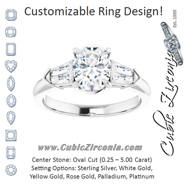 Cubic Zirconia Engagement Ring- The Fortunada (Customizable 5-stone Design with Oval Cut Center and Quad Baguettes)