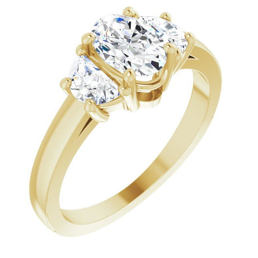 10K Yellow Gold Customizable 3-stone Design with Oval Cut Center and Half-moon Side Stones