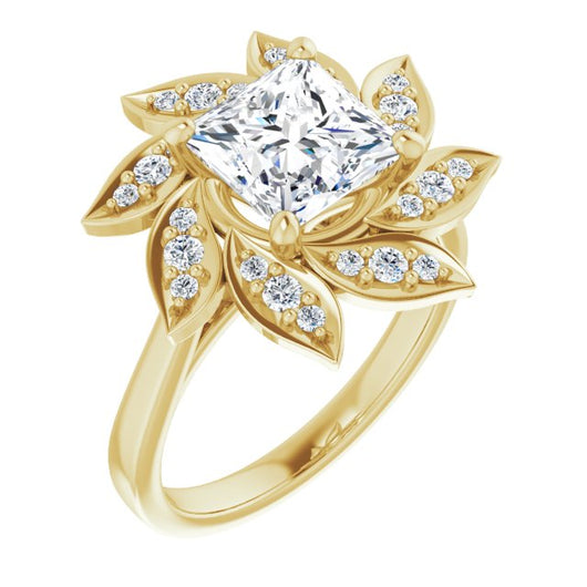 10K Yellow Gold Customizable Princess/Square Cut Design with Artisan Floral Halo