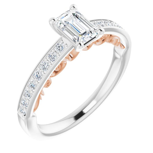 14K White & Rose Gold Customizable Emerald/Radiant Cut Design featuring 3-Sided Infinity Trellis and Round-Channel Accented Band