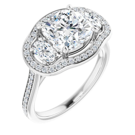 10K White Gold Customizable Cushion Cut Style with Oval Cut Accents, 3-stone Halo & Thin Shared Prong Band