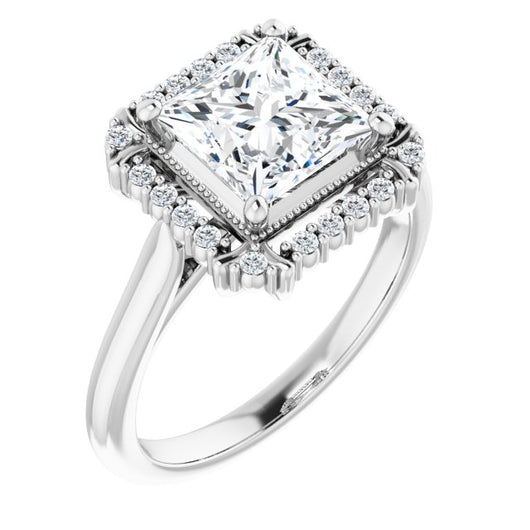 10K White Gold Customizable Princess/Square Cut Design with Majestic Crown Halo and Raised Illusion Setting