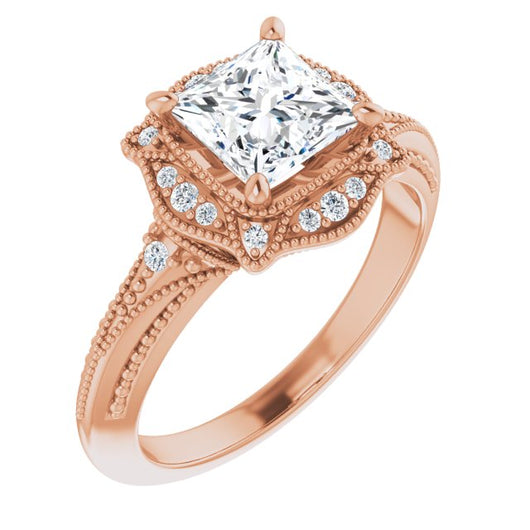 10K Rose Gold Customizable Vintage Princess/Square Cut Design with Beaded Milgrain and Starburst Semi-Halo