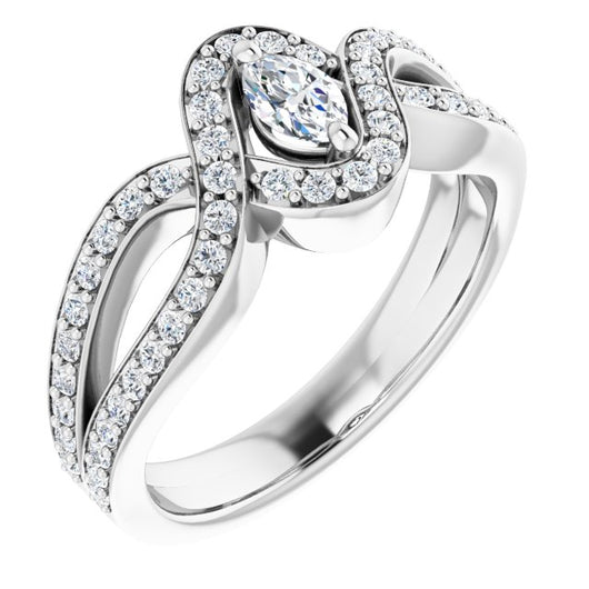 10K White Gold Customizable Marquise Cut Center with Infinity-inspired Split Shared Prong Band and Bypass Halo