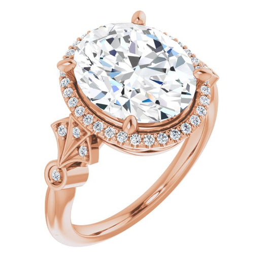 10K Rose Gold Customizable Cathedral-Crown Oval Cut Design with Halo and Scalloped Side Stones