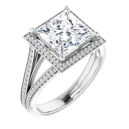 10K White Gold Customizable Princess/Square Cut Design with Split-Band Shared Prong & Halo