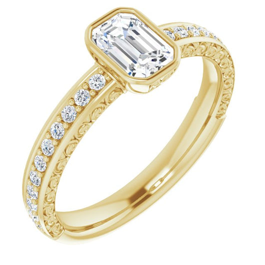 10K Yellow Gold Customizable Bezel-set Emerald/Radiant Cut Design with Cloud-pattern Band & Semi-Eternity Accents