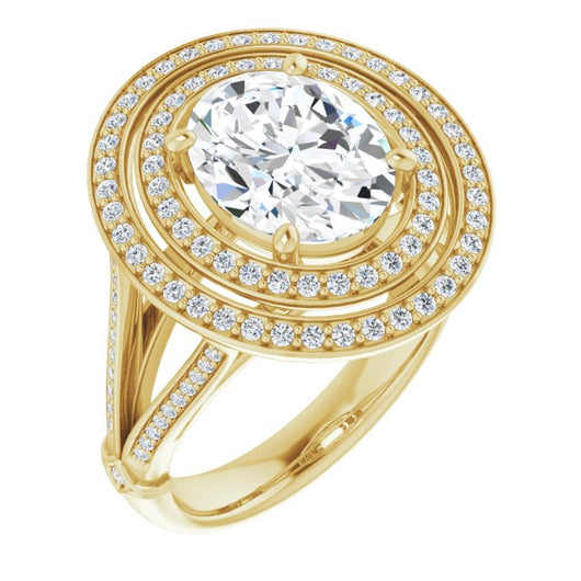 10K Yellow Gold Customizable Cathedral-set Oval Cut Design with Double Halo, Wide Split-Shared Prong Band and Side Knuckle Accents