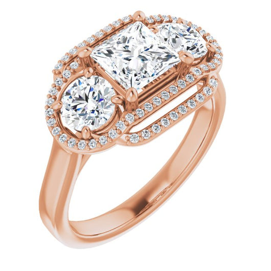 10K Rose Gold Customizable Cathedral-set Enhanced 3-stone Princess/Square Cut Design with Multidirectional Halo