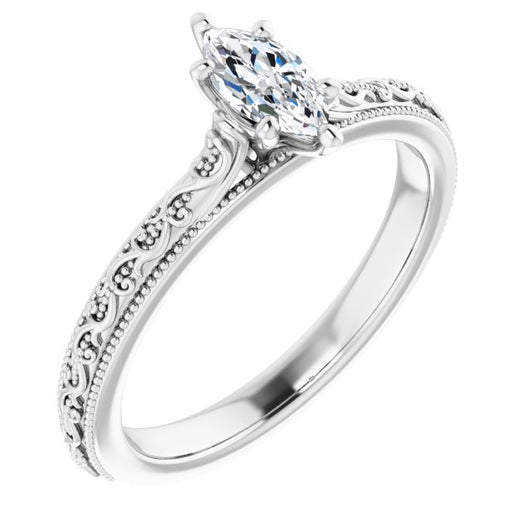 10K White Gold Customizable Marquise Cut Solitaire with Delicate Milgrain Filigree Band