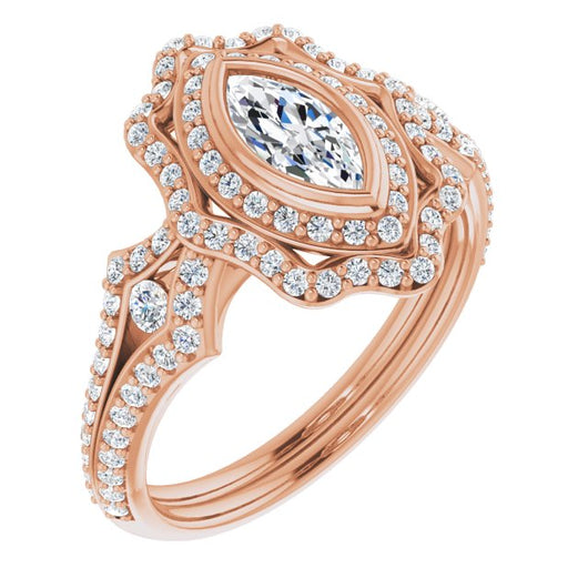 10K Rose Gold Customizable Marquise Cut Style with Ultra-wide Pavé Split-Band and Nature-Inspired Double Halo