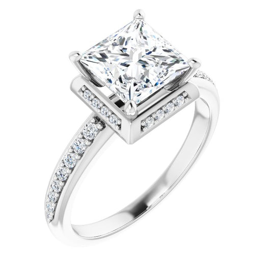 10K White Gold Customizable Princess/Square Cut Design with Geometric Under-Halo and Shared Prong Band