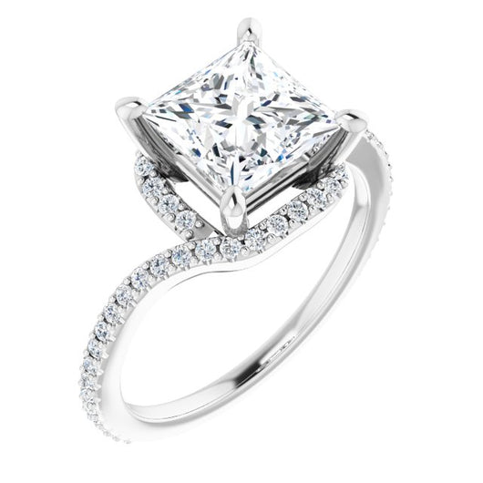 10K White Gold Customizable Artisan Princess/Square Cut Design with Thin, Accented Bypass Band