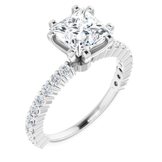 10K White Gold Customizable 8-prong Princess/Square Cut Design with Thin, Stackable Pav? Band