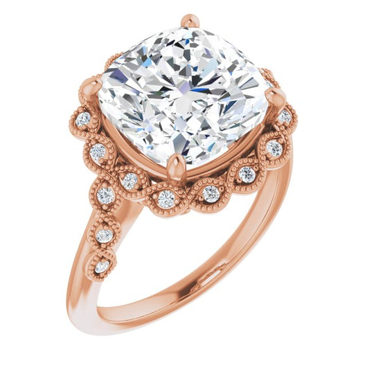 10K Rose Gold Customizable 3-stone Design with Cushion Cut Center and Halo Enhancement