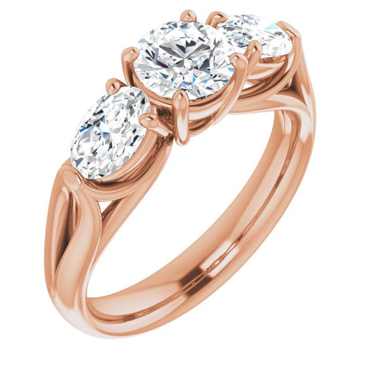 10K Rose Gold Customizable Cathedral-set 3-stone Round Cut Style with Dual Oval Cut Accents & Wide Split Band