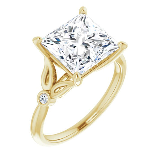 10K Yellow Gold Customizable 3-stone Princess/Square Cut Design with Thin Band and Twin Round Bezel Side Stones