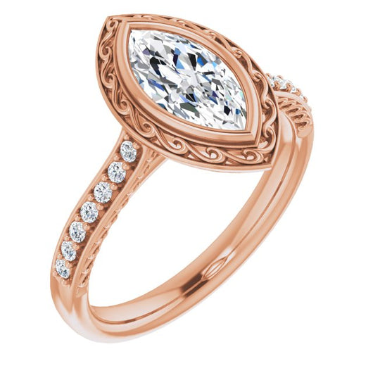 10K Rose Gold Customizable Cathedral-Bezel Marquise Cut Design featuring Accented Band with Filigree Inlay