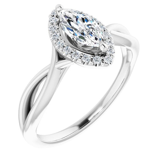 10K White Gold Customizable Cathedral-Halo Marquise Cut Design with Twisting Split Band