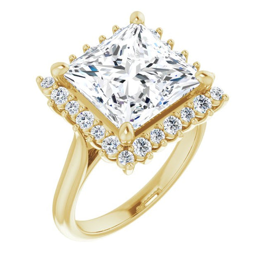 10K Yellow Gold Customizable Crown-Cathedral Princess/Square Cut Design with Clustered Large-Accent Halo & Ultra-thin Band