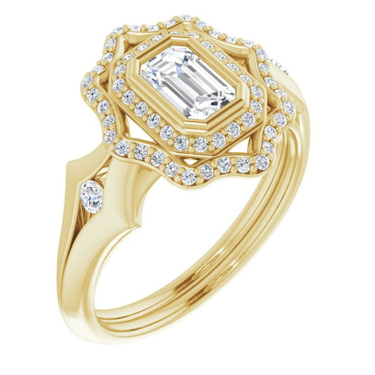 10K Yellow Gold Customizable Cathedral-bezel Emerald/Radiant Cut Design with Floral Double Halo and Channel-Accented Split Band