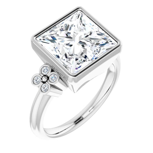 10K White Gold Customizable 9-stone Bezel-set Princess/Square Cut Design with Quad Round Bezel Side Stones Each Side