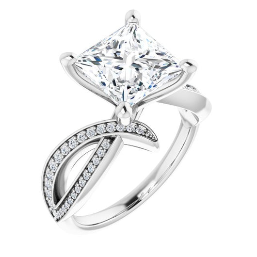 10K White Gold Customizable Princess/Square Cut Design with Swooping Pavé Bypass Band