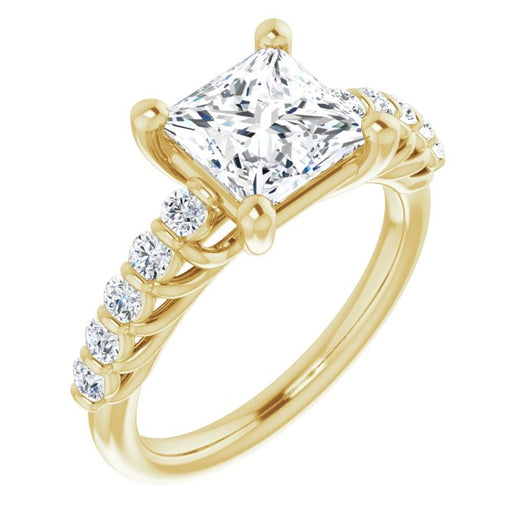 10K Yellow Gold Customizable Princess/Square Cut Style with Round Bar-set Accents