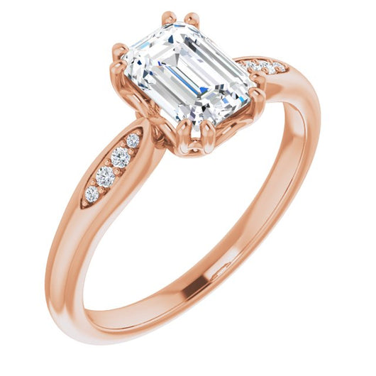 10K Rose Gold Customizable 9-stone Emerald/Radiant Cut Design with 8-prong Decorative Basket & Round Cut Side Stones