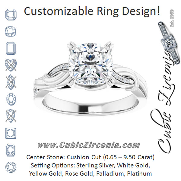 Cubic Zirconia Engagement Ring- The Fabiola (Customizable Cathedral-raised Cushion Cut Design featuring Rope-Braided Half-Pavé Band)