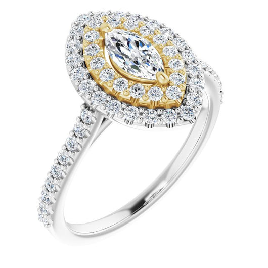 14K White & Yellow Gold Customizable Double-Halo Marquise Cut Design with Accented Split Band