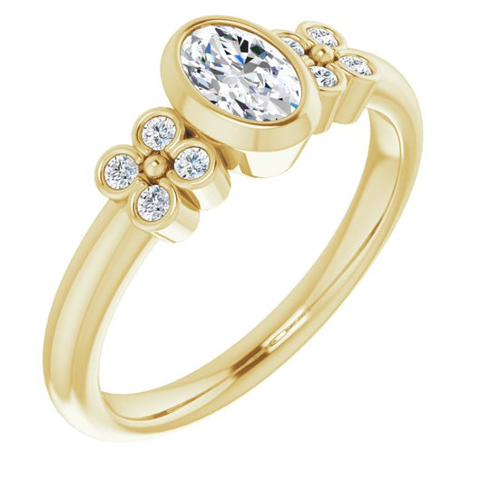 10K Yellow Gold Customizable 9-stone Bezel-set Oval Cut Design with Quad Round Bezel Side Stones Each Side