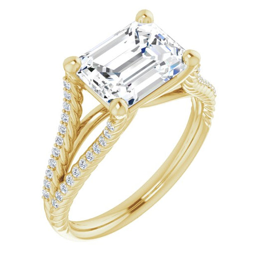 10K Yellow Gold Customizable Emerald/Radiant Cut Style with Split Band and Rope-Pavé