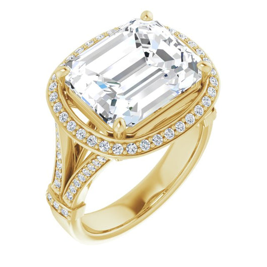 10K Yellow Gold Customizable Emerald/Radiant Cut Setting with Halo, Under-Halo Trellis Accents and Accented Split Band